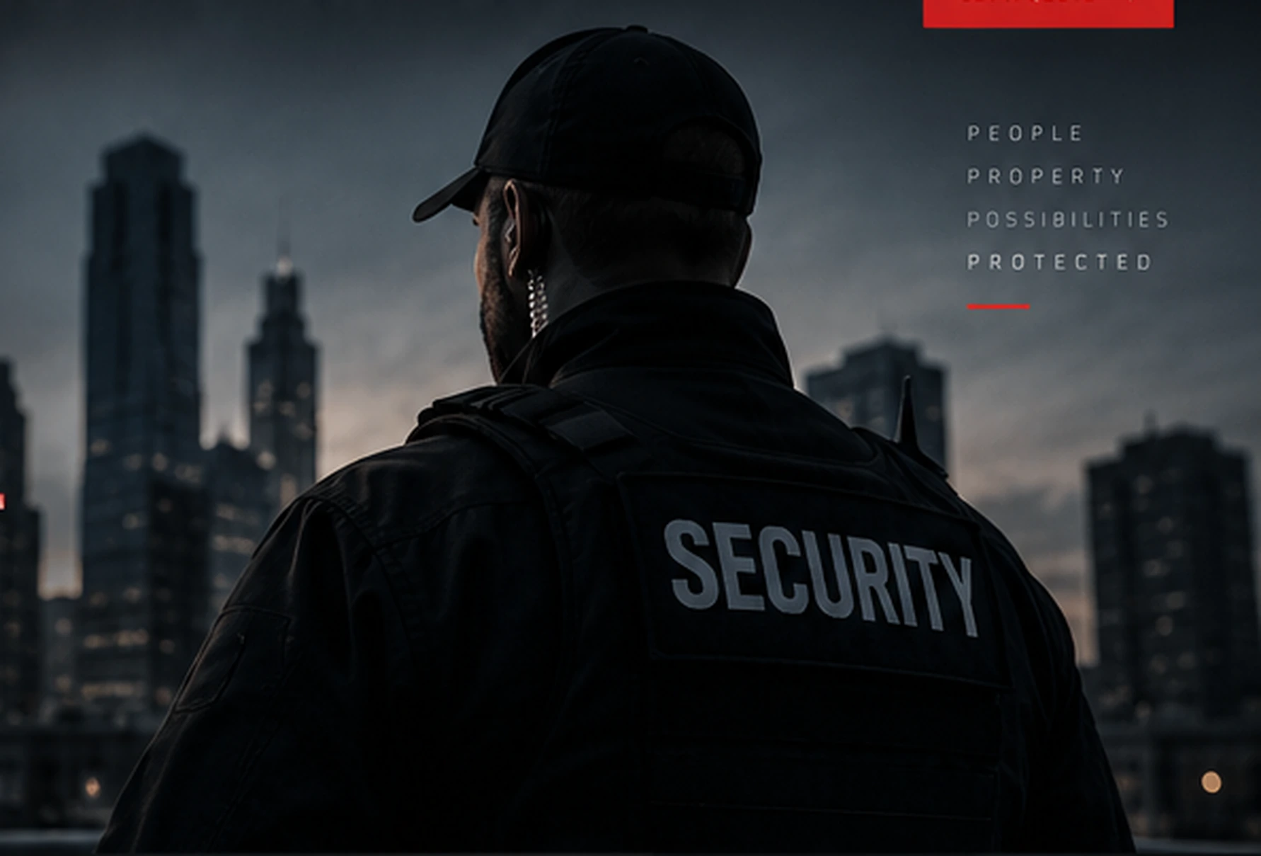 Security officer overlooking an urban skyline